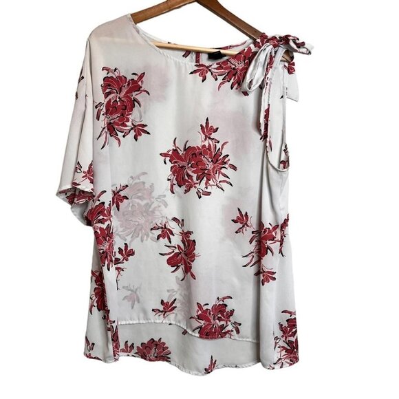Worthington Womens Size XXL Pink Floral Asymmetrical Short Sleeve Blouse Top - Picture 1 of 10